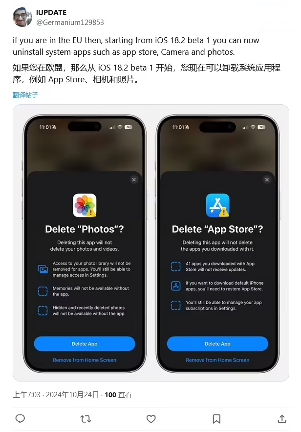 海棠湾镇苹果手机维修分享iOS 18.2 支持删除 App Store 应用商店 